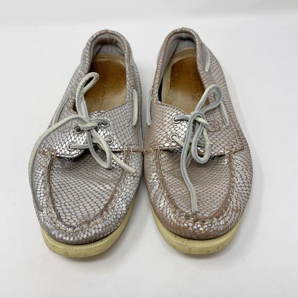 Sperry Top Sider Women 8.5 Silver Snakeprint Metallic Boat Shoe Sneakers Lace Up - Picture 8 of 11
